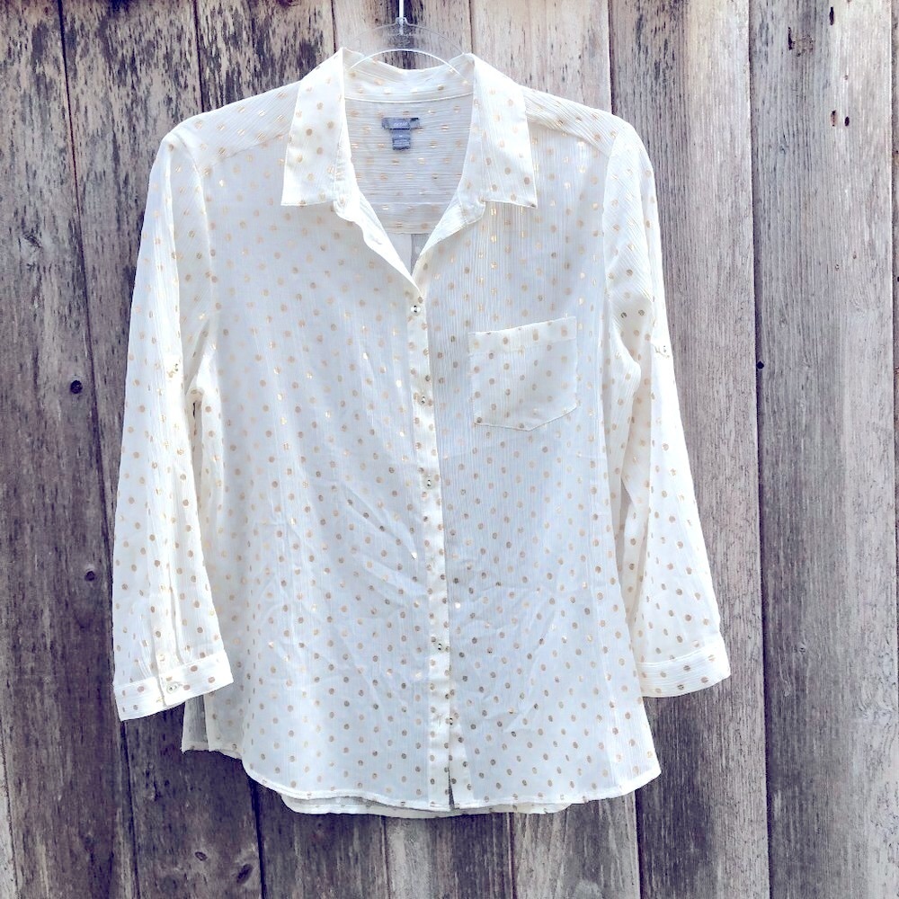 aerie Sheer Gold Polka Dot Button Down Medium